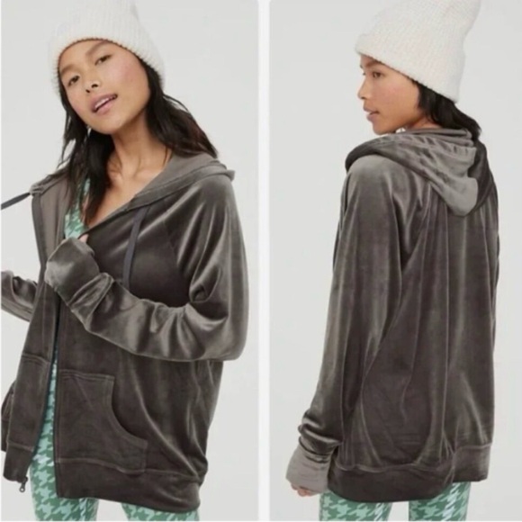 Offline by Aerie Dark Green Velvet Full Zip Hoodie - Picture 6 of 6